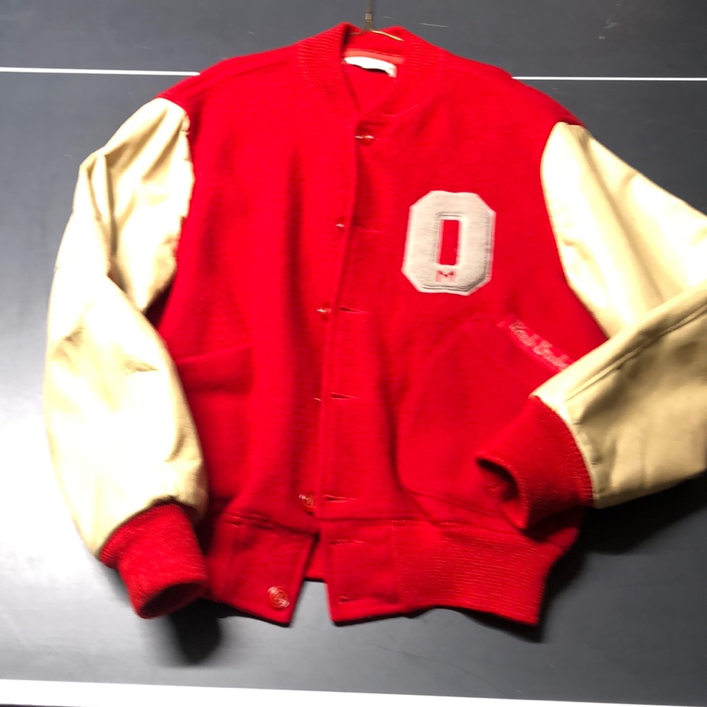 Letter jacket. OSU. Red wool. Leather sleeves. Button down